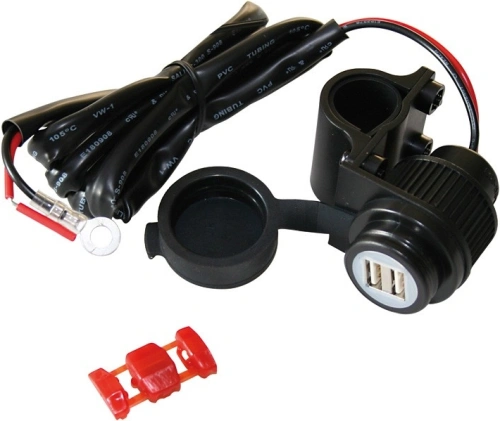 Vodotesná zásuvka 12V - 2x USB 5V 3,3A s montážnou objímkou ​​na riadidlá - čierna
