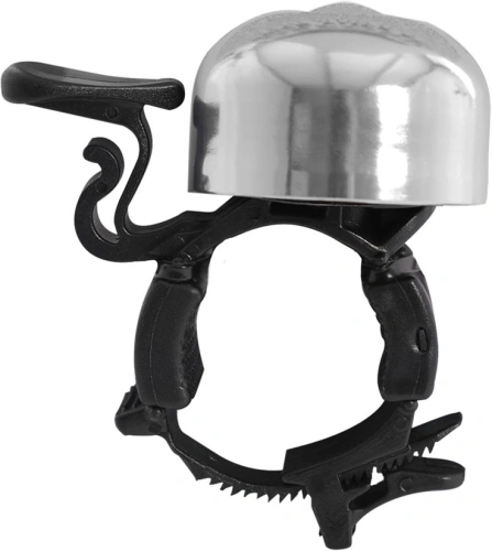 Zvonček na bicykel QUICK FLICK BELL, OXFORD (strieborný plášť, s prackou na osadenie na rúrky od priemeru 27,2 do 31,8 mm)