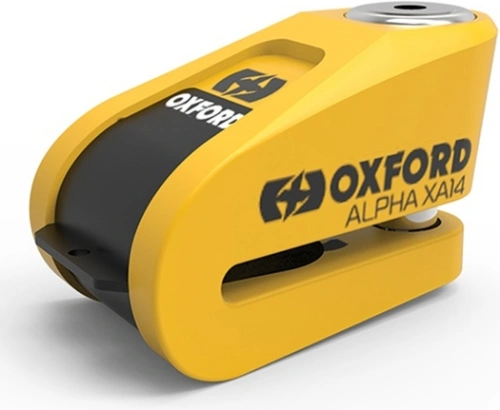 Zámok kotúčové brzdy na motorku OXFORD Alpha Alarm XA14 - integrovaný alarm, žltý / čierny, priemer čapu 14mm