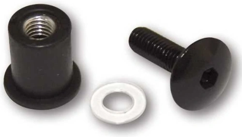 Skrutky na plexi so širokou hlavou vr. matíc M6 v gumovom puzdre a podložiek, hliník - čierna (súprava)